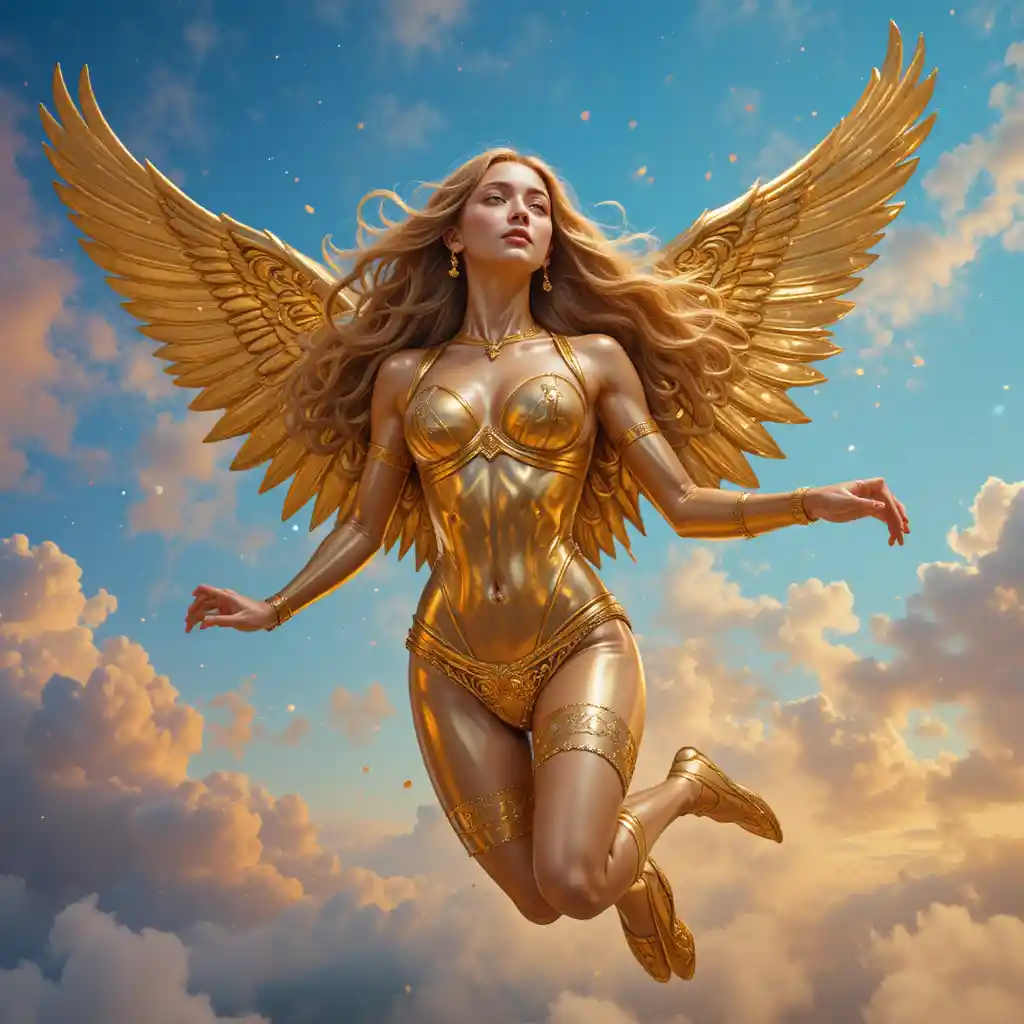 Golden statue woman flying through a colorful fantasy sky