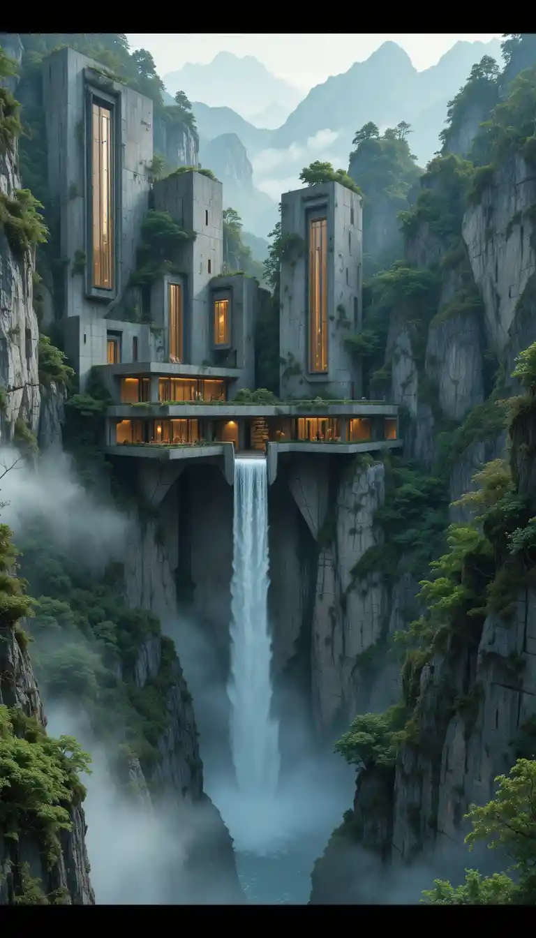 Futuristic sanctuary carved into misty mountain cliffs