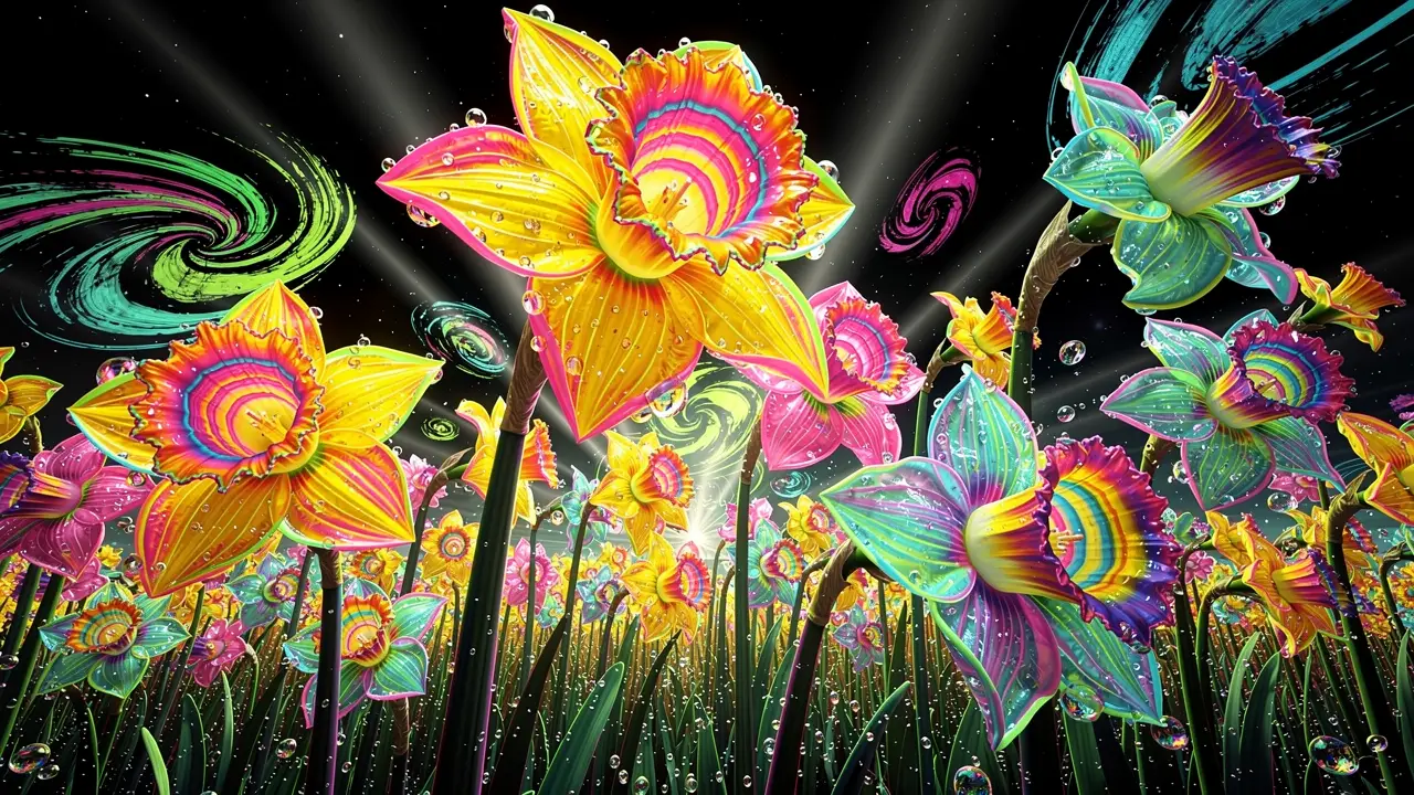 Surreales Neonfeld mit riesigen psychedelischen Narzissen