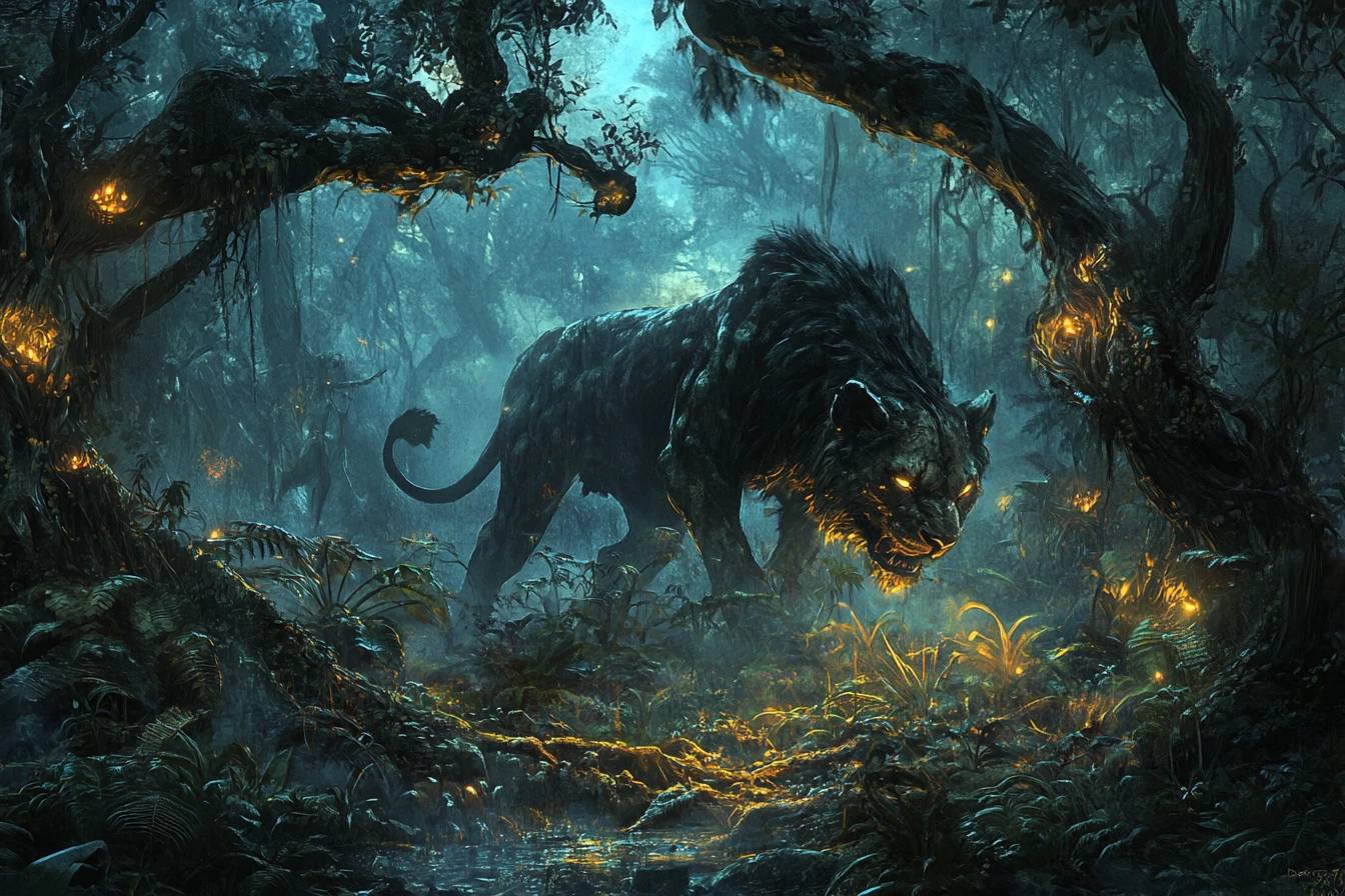 Lion possédé rôdant dans une sinistre jungle fantastique