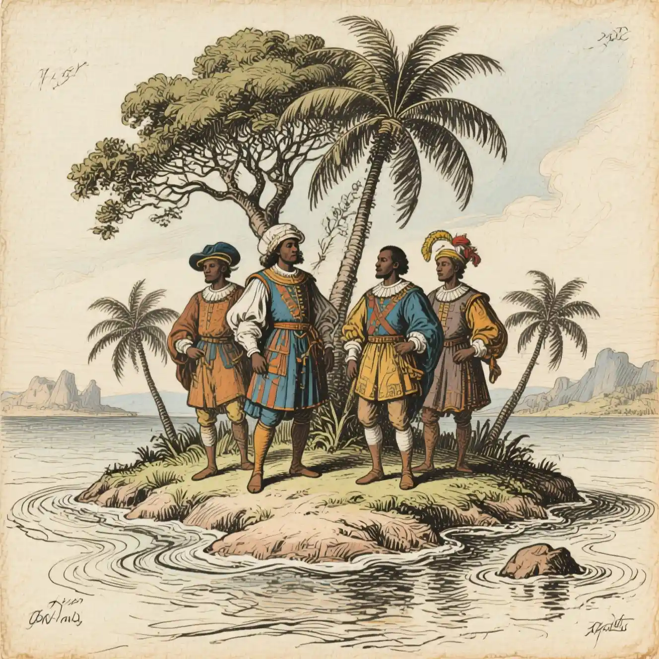 Medieval style oil painting of a distant tropical island