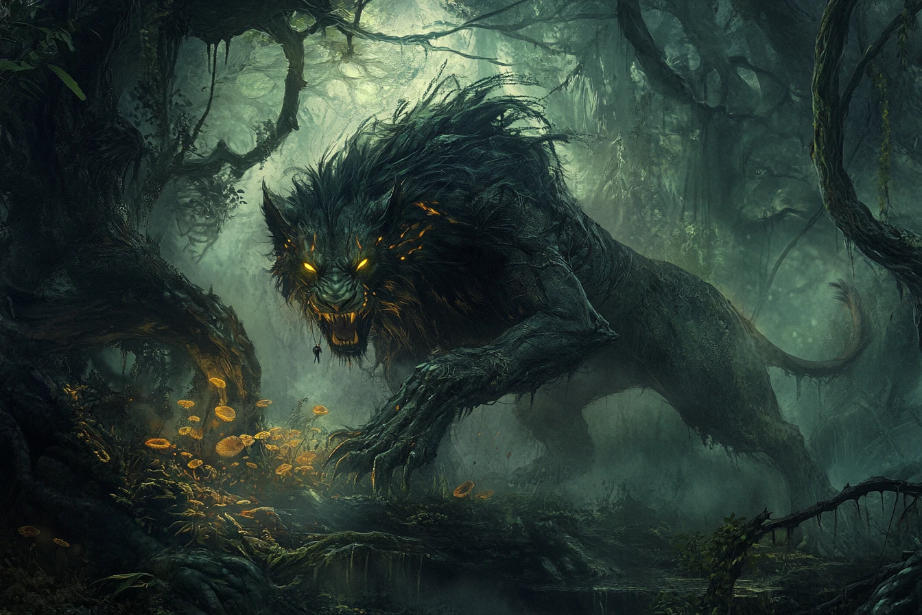 Lion possédé rôdant dans une sinistre jungle fantastique