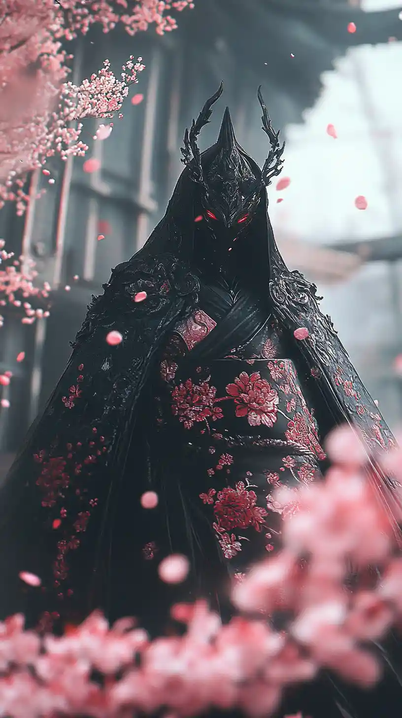 Mujer oni enmascarada entre cerezos en flor sobre calle japonesa