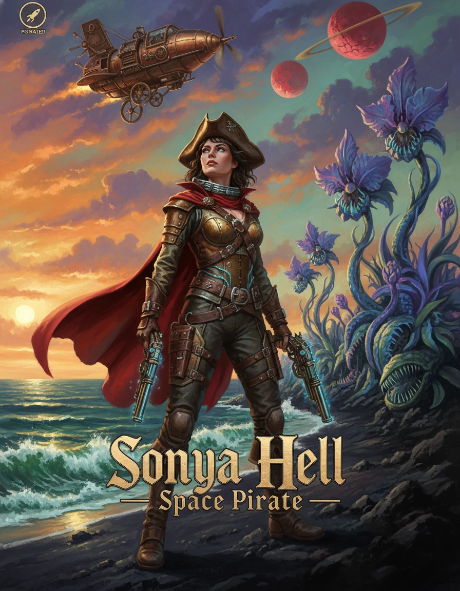 Female space pirate on alien shore under passing starship