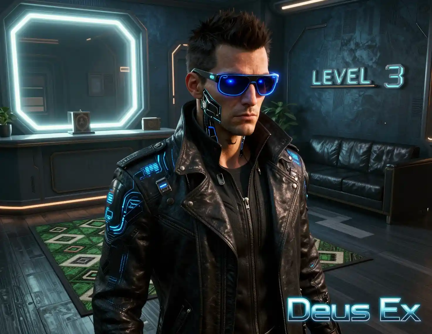 Cyberpunk detective in neon lit futuristic lobby interior