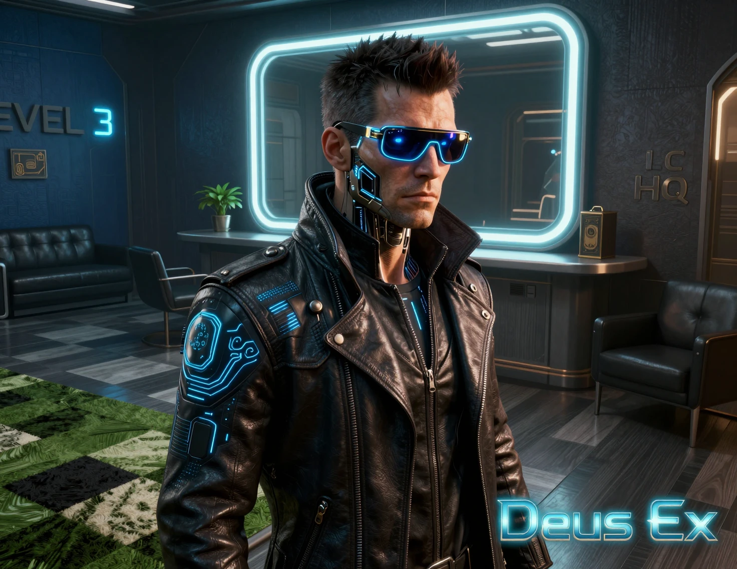 Detective cyberpunk con implantes de neón en lobby futurista