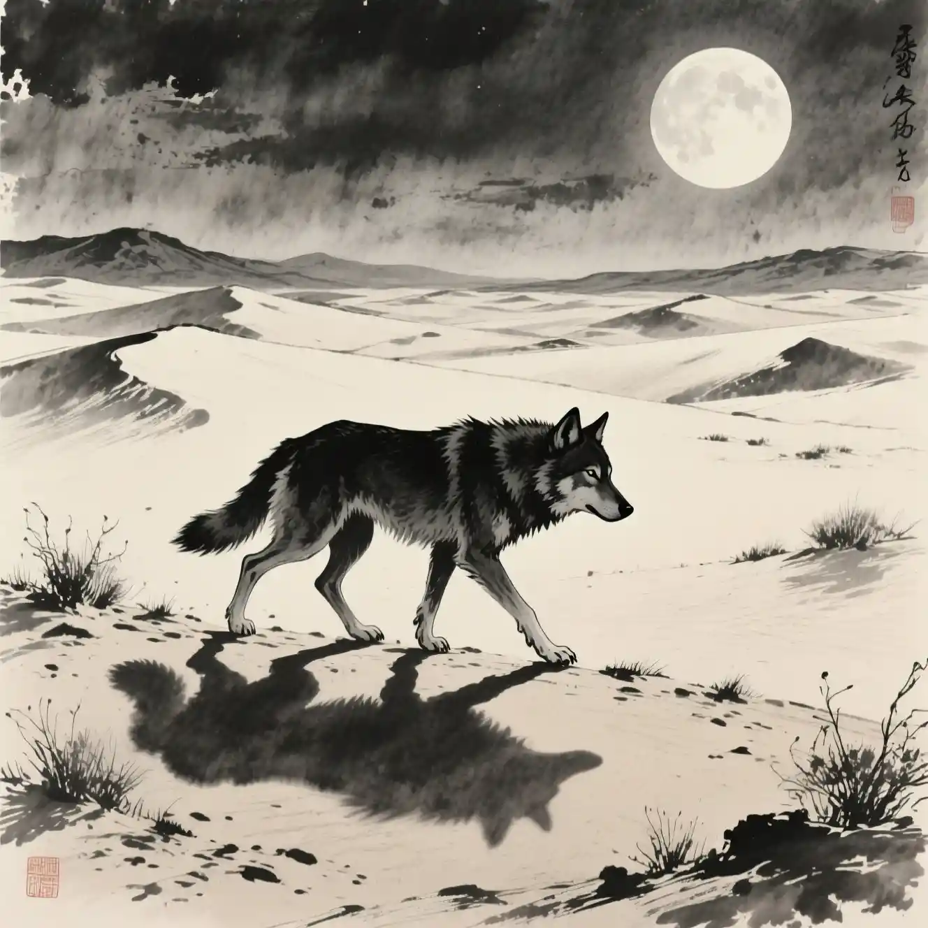Lone wolf crossing a moonlit desert in ink style