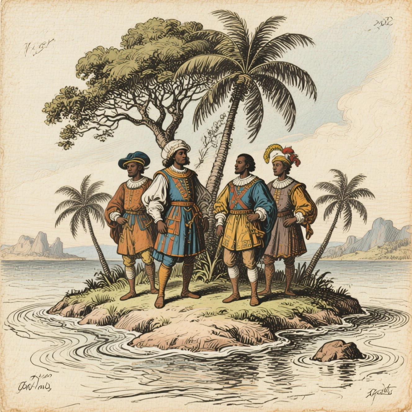 Dipinto a olio in stile medievale di un'isola tropicale lontana