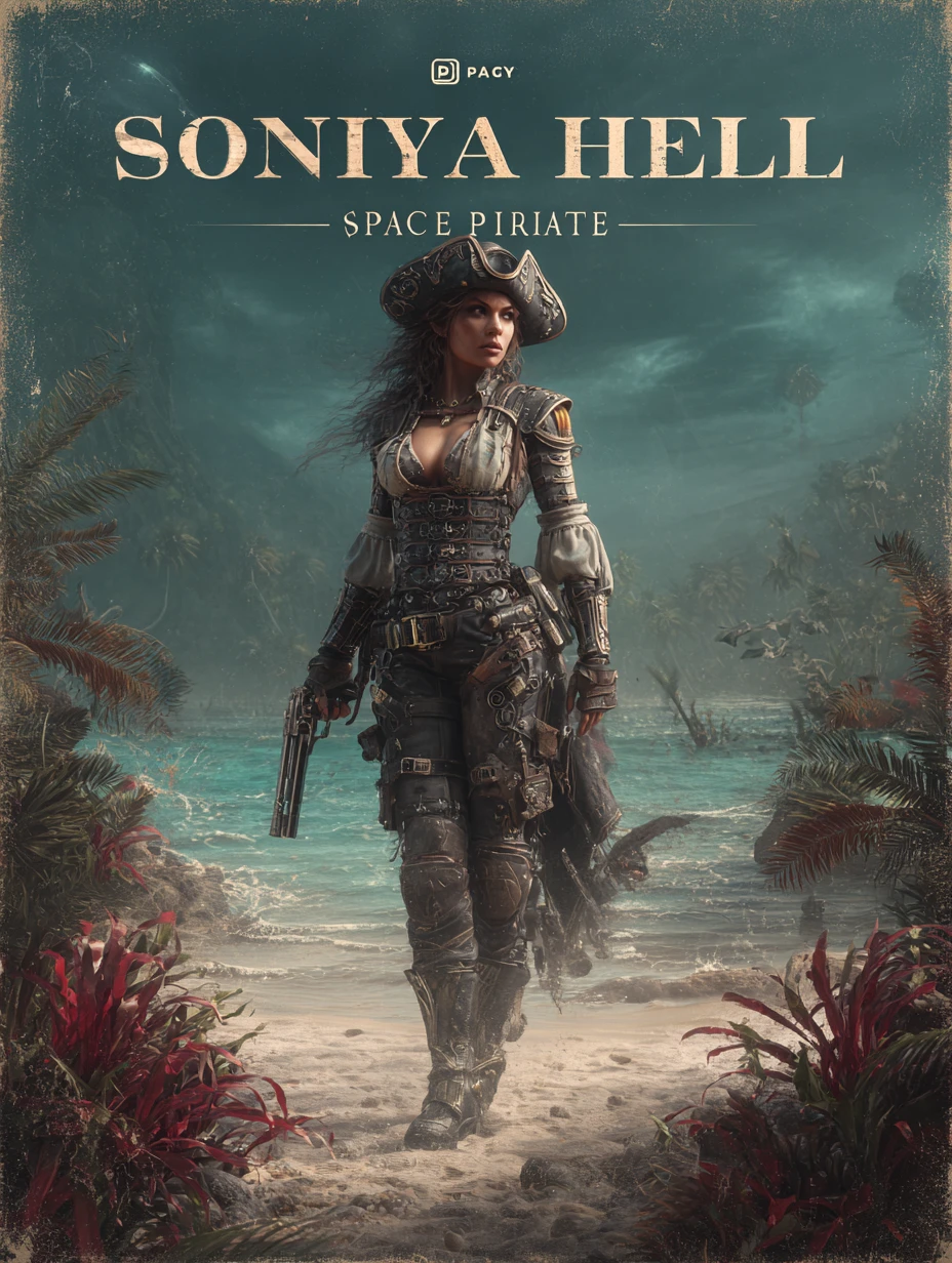 Female space pirate on alien shore in fantasy poster