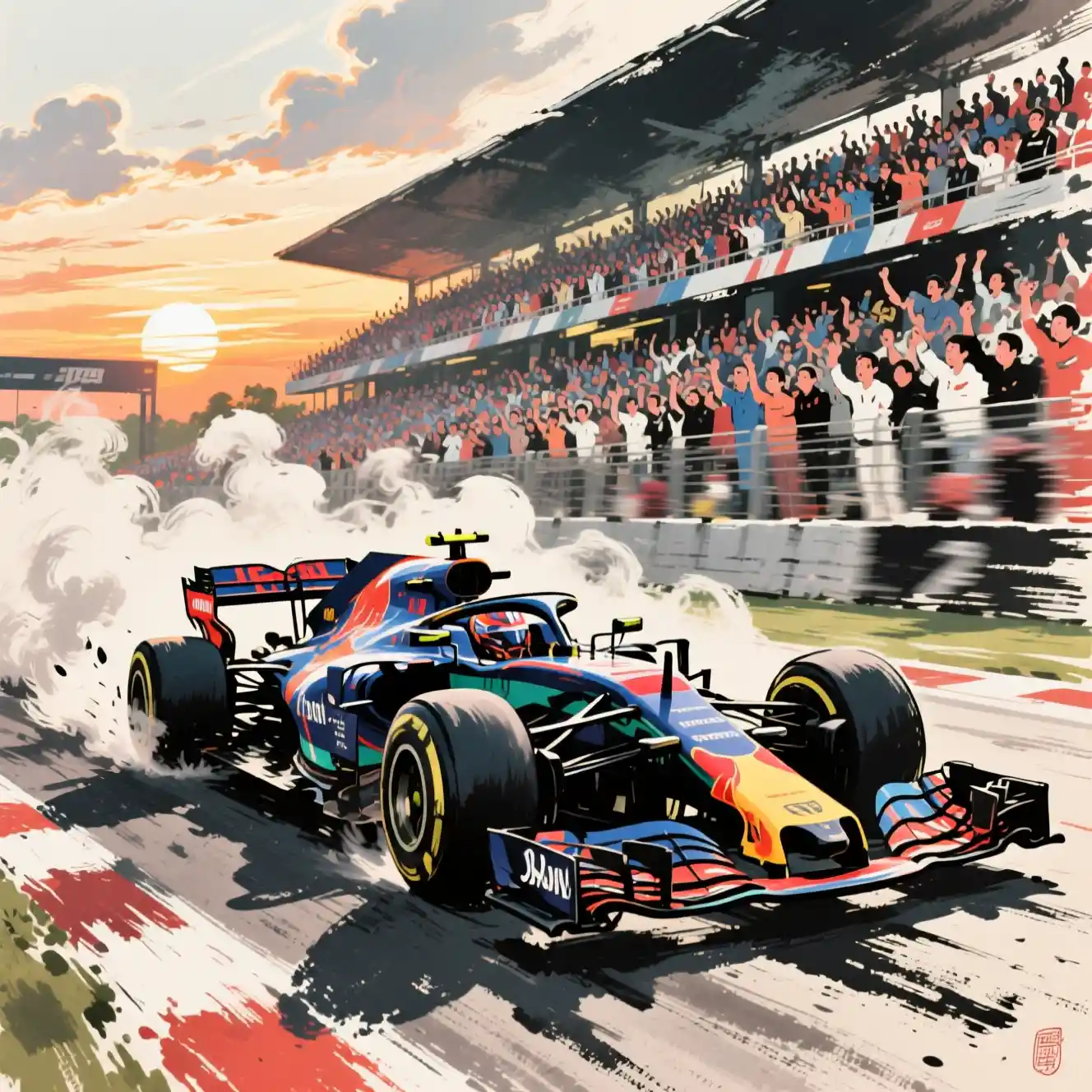 Auto di F1 che sfreccia sul circuito in stile pittura a inchiostro