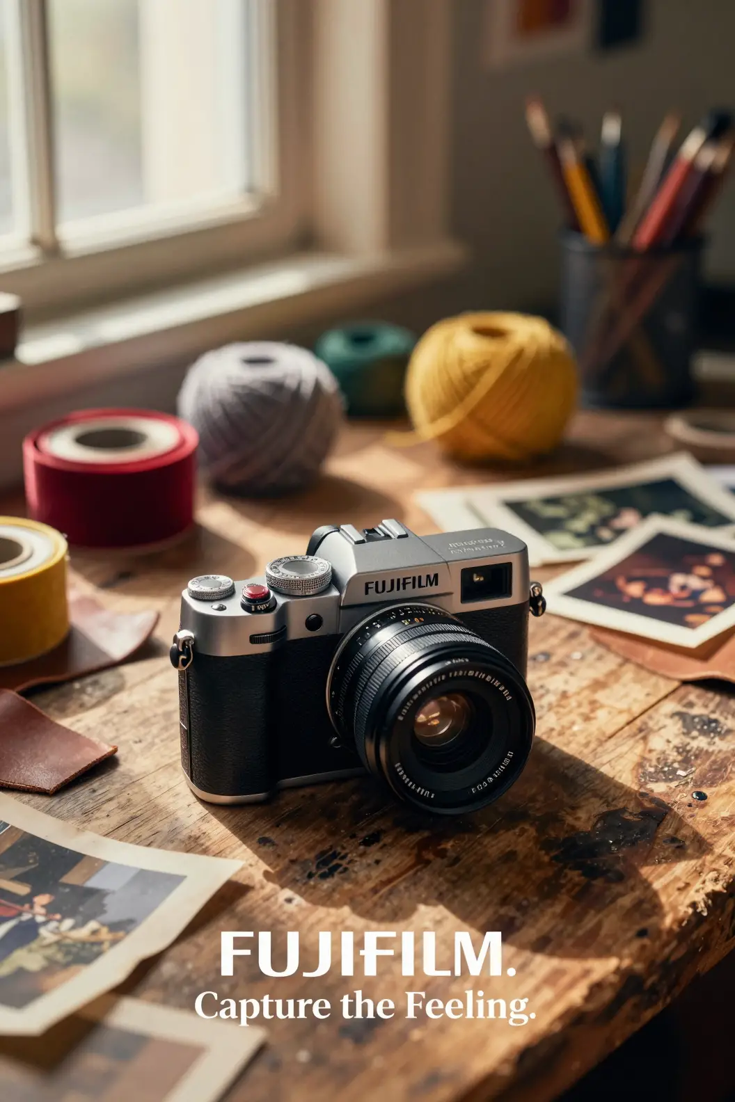 Fotocamera Fujifilm retrò su poster di scrivania in studio creativo
