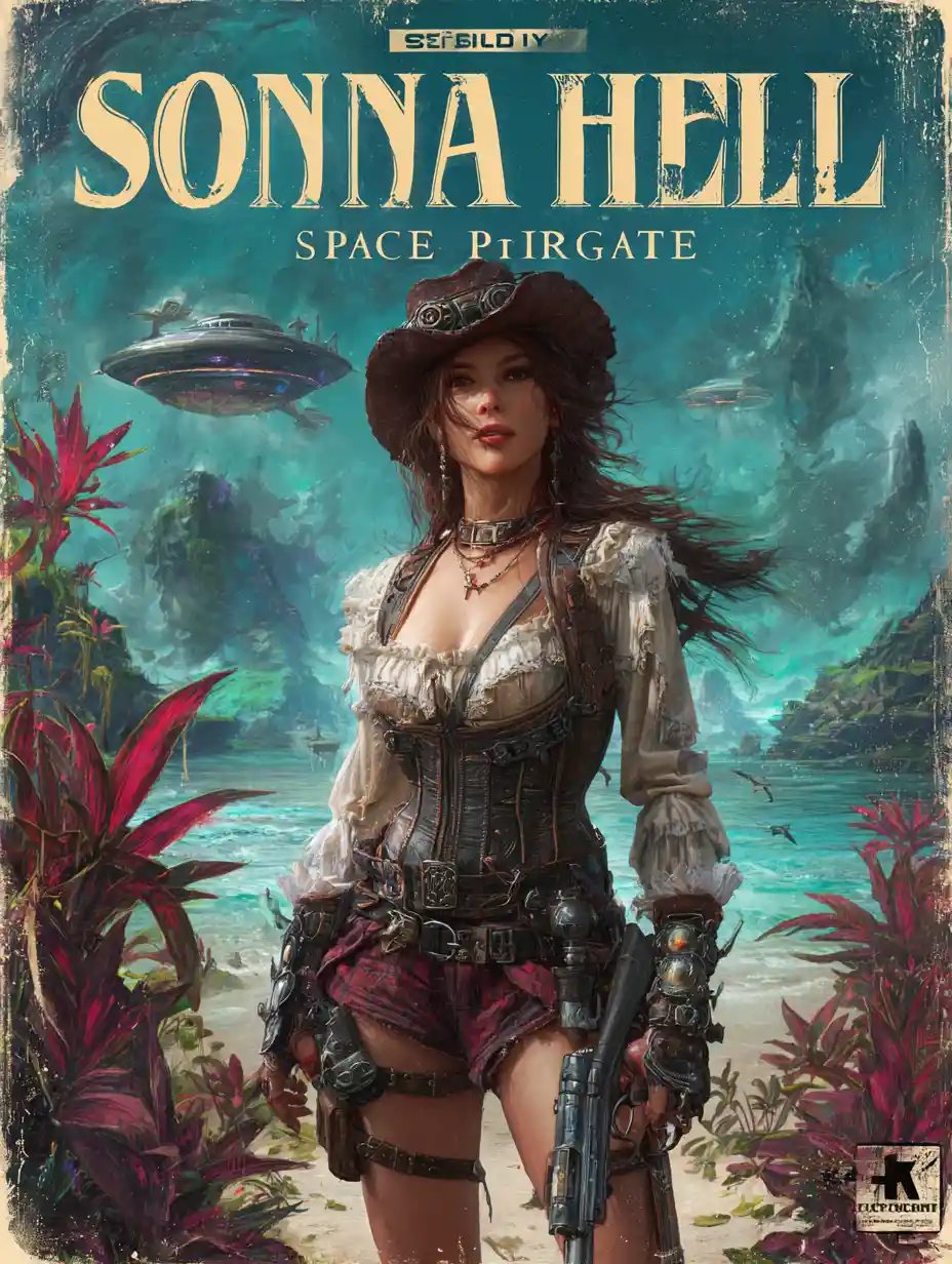 Female space pirate on alien shore with starship overhead