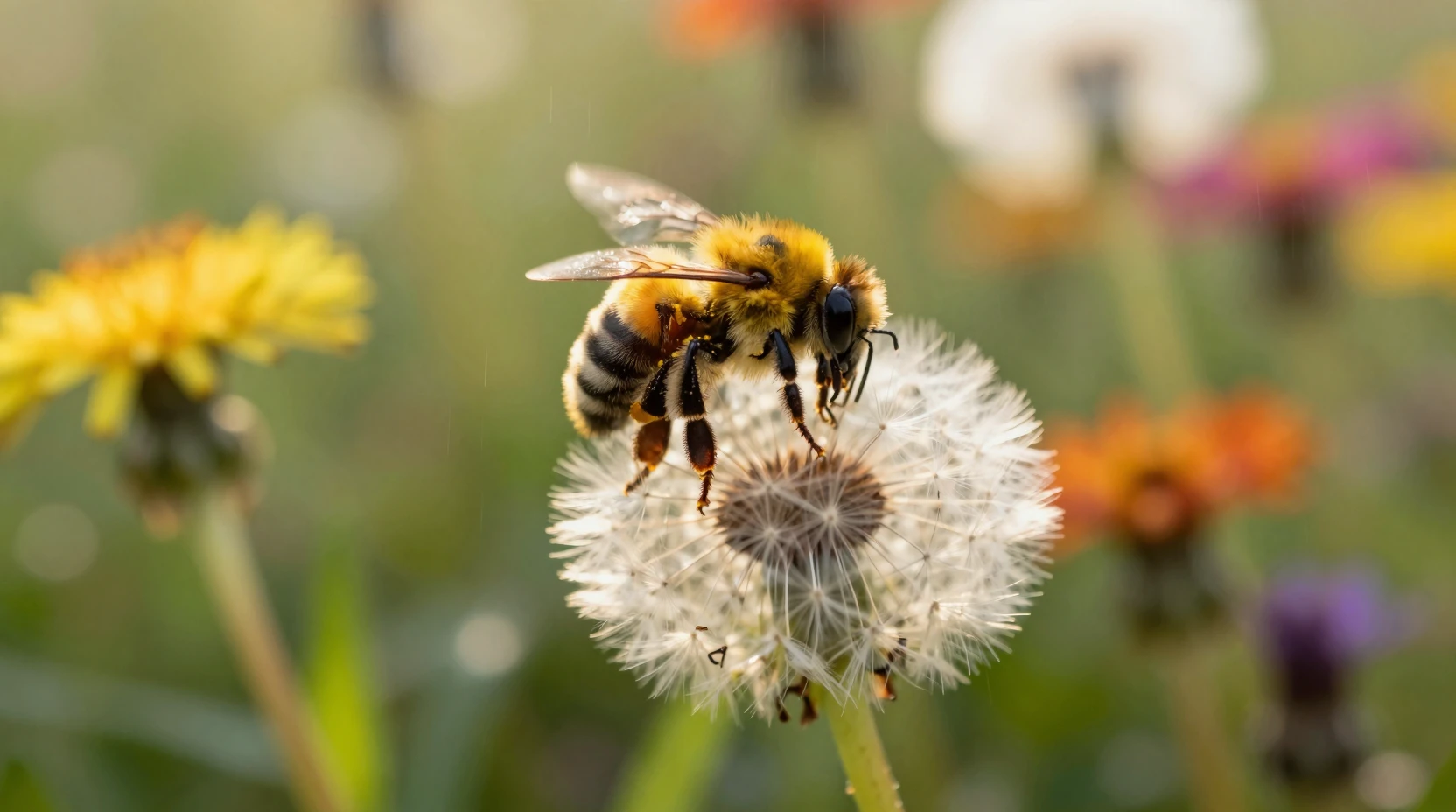 Bumble bee resting on a dandelion in a sunny garden