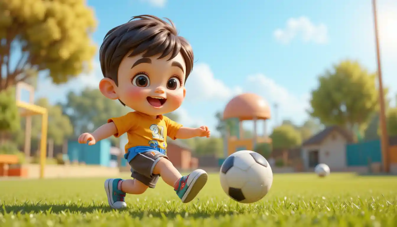 Cheerful 3D boy kicking a football on playground