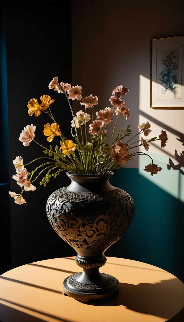華やかなテーブルを見上げる生け花のローアングルビュー
