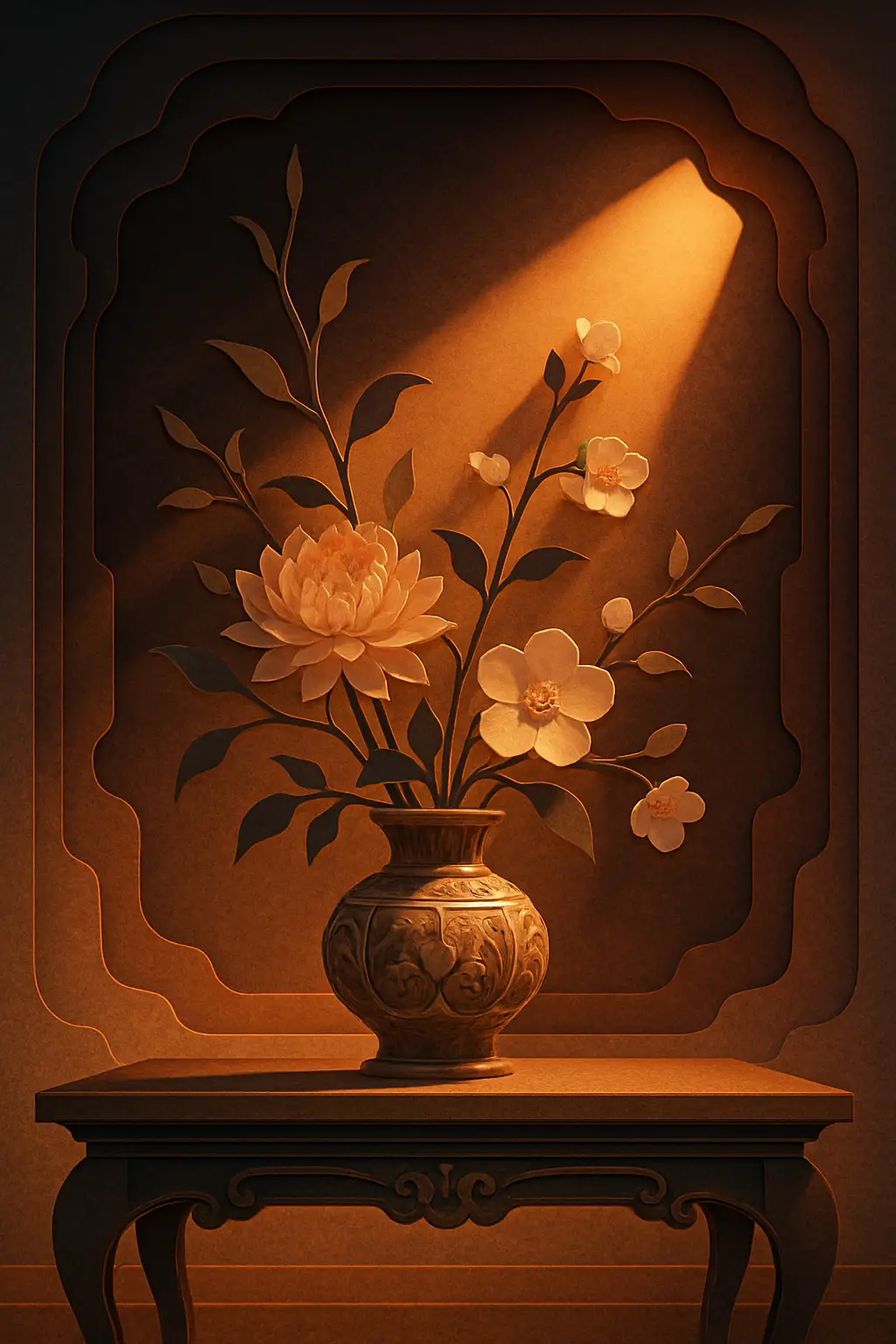 Serene ikebana flowers in a spotlight on elegant table