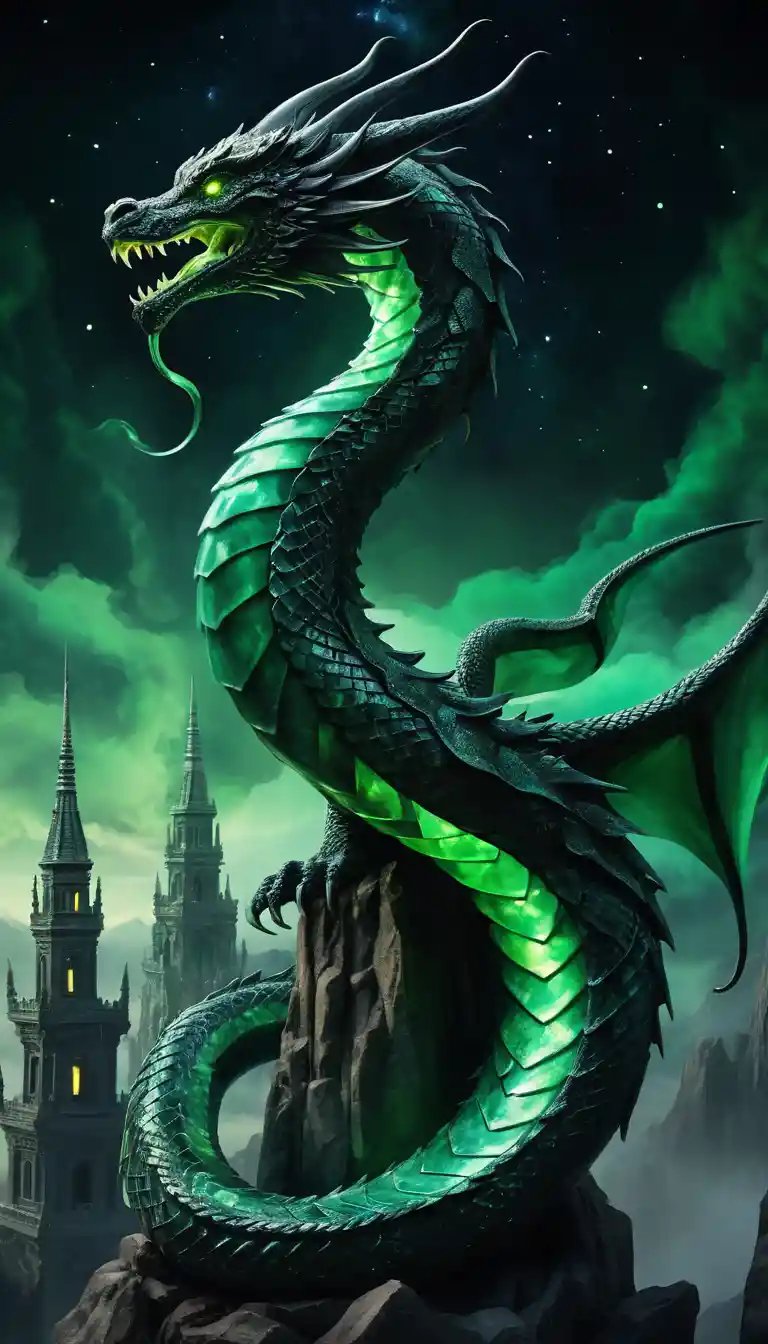 Jade and obsidian dragon coiled around a towering spire
