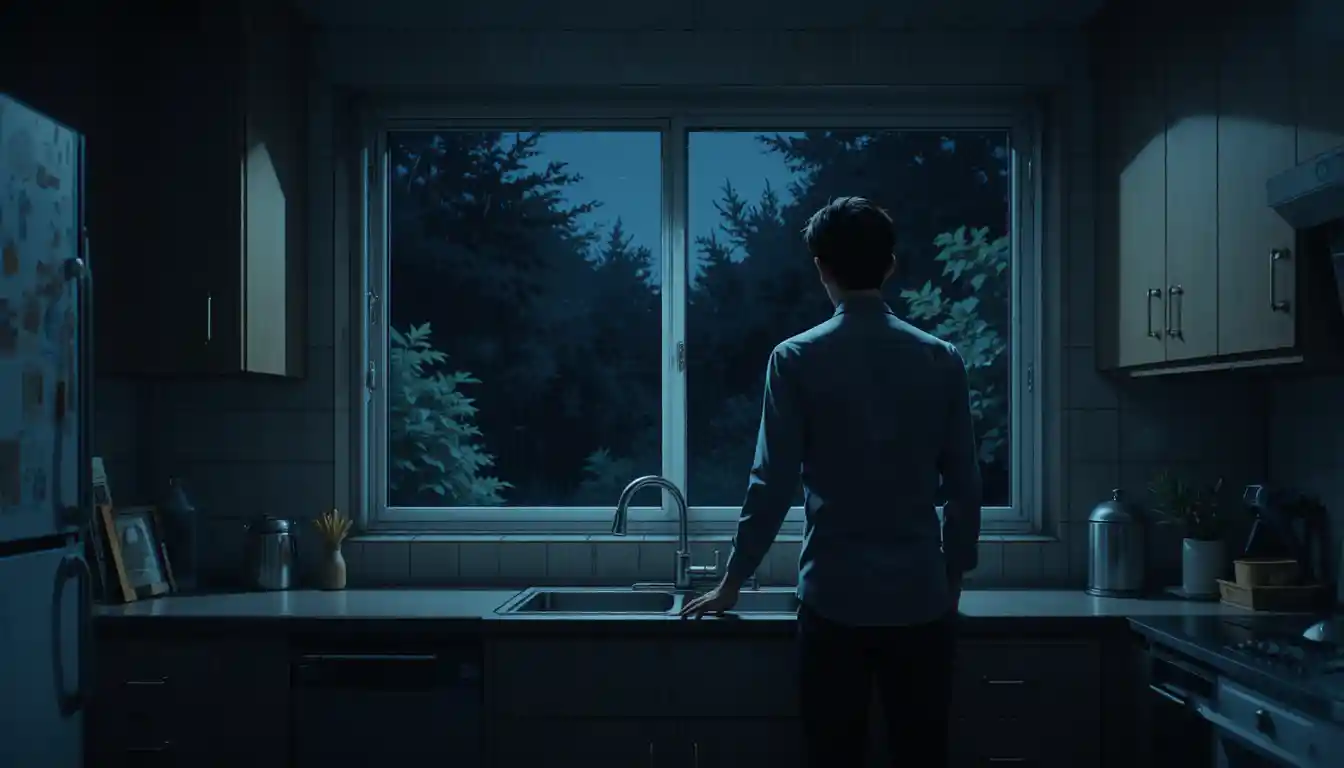 Anime Man In Dark Kitchen Staring Into Night Garden