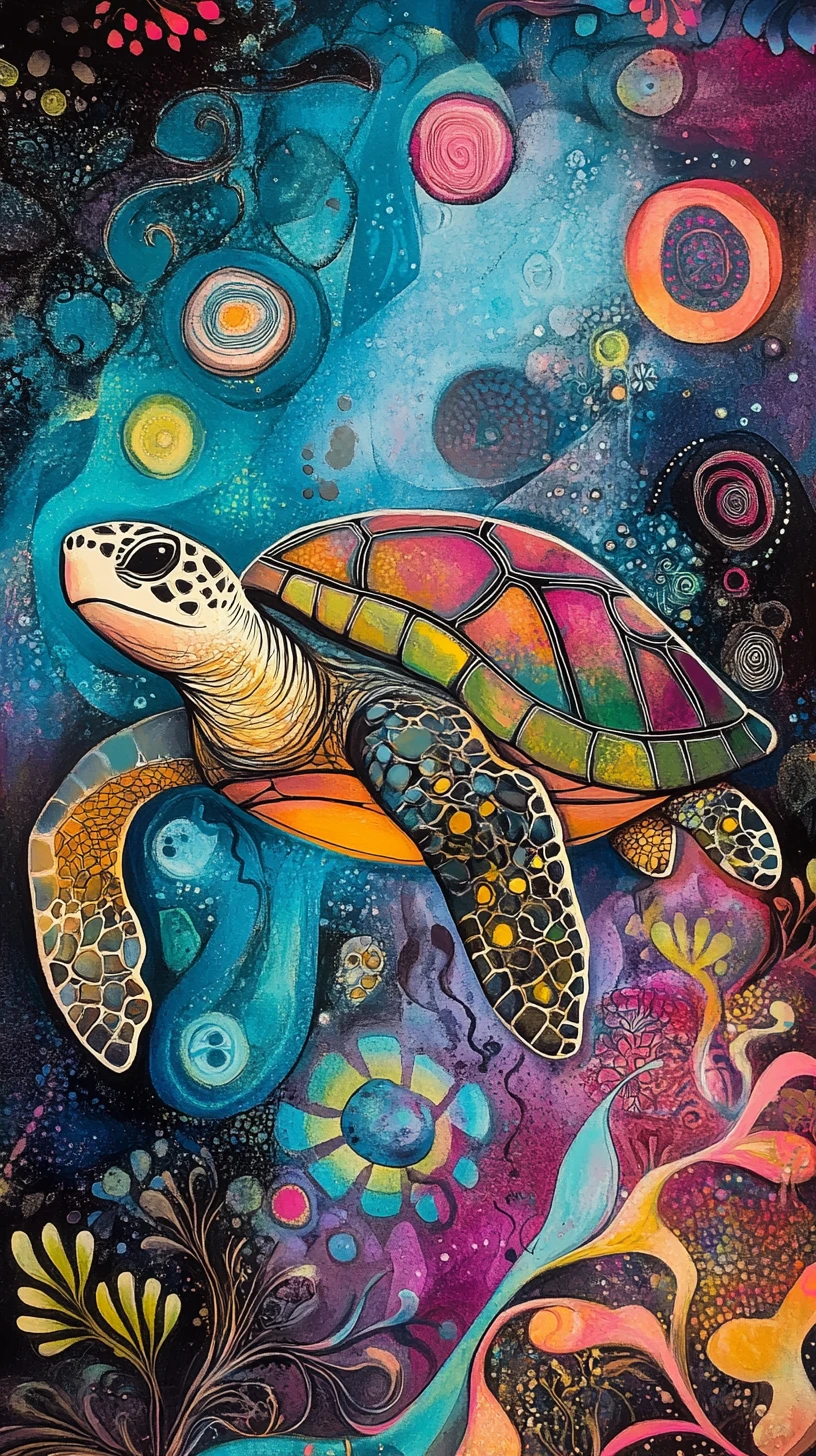 Tortues de mer magiques en couleurs abstraites surréalistes en mixed media