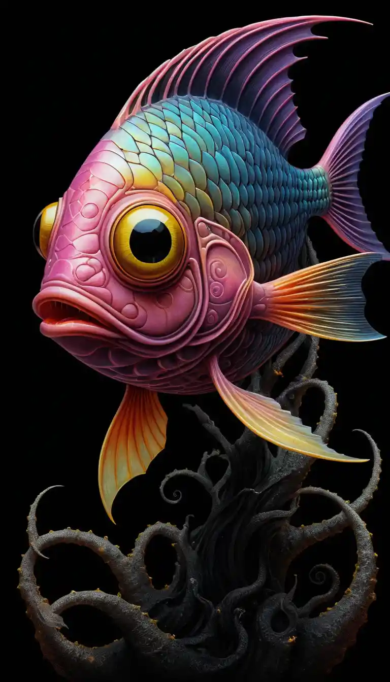 Pesce mistico iridescente che emerge da un oscuro abisso
