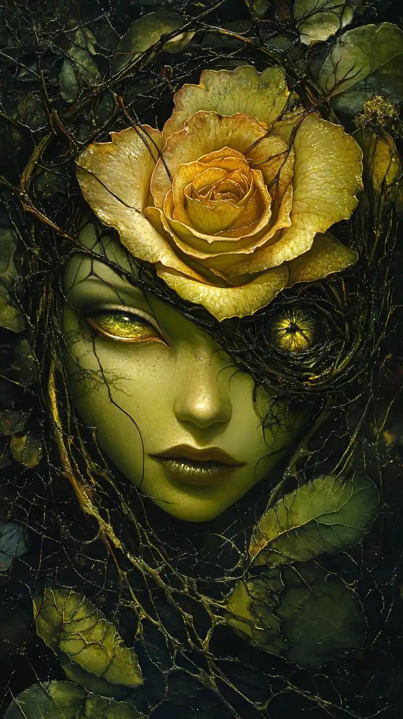 Rosa surreal emergindo de um reino sombrio e distorcido de fantasia