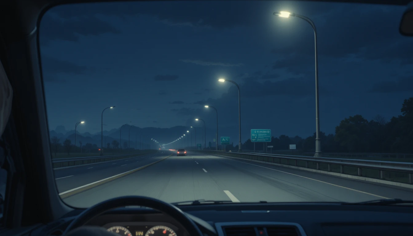 Carro solitário dirigindo em uma rodovia vazia à noite