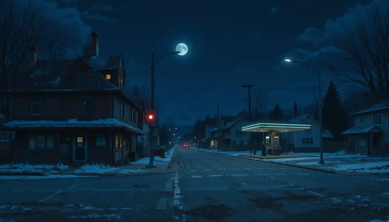 Empty small town street under a lonely flickering light