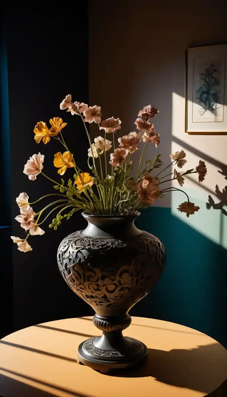 Low angle view of ikebana flowers on an ornate table