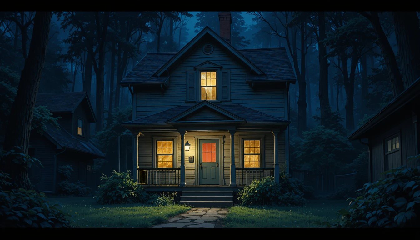Pequena casa de aluguel antiga em uma floresta sombria de terror em anime