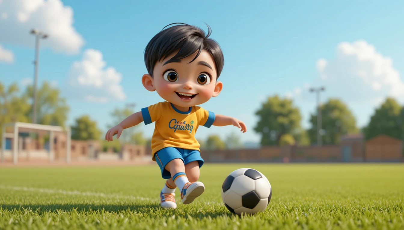 Smiling child kicking a soccer ball on sunny playground