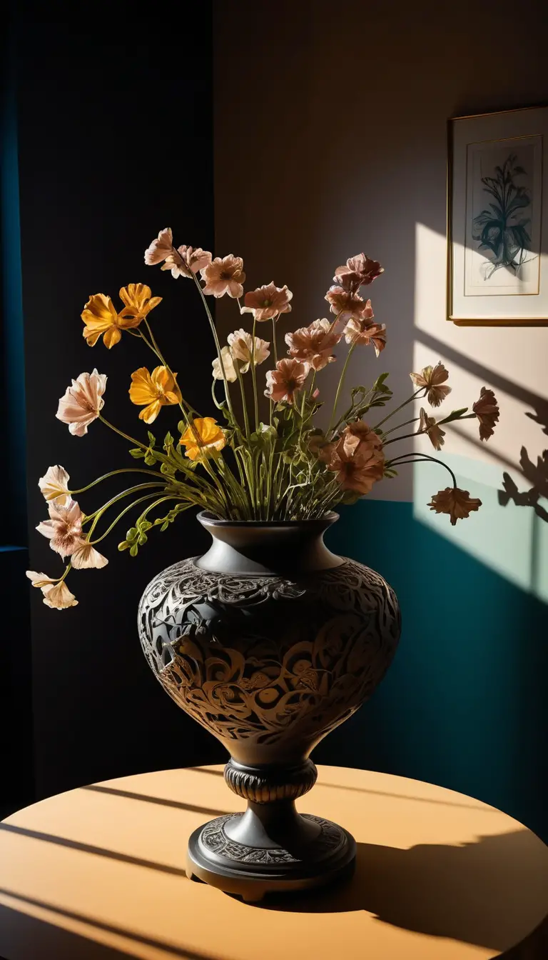 Low angle view of ikebana flowers on an ornate table