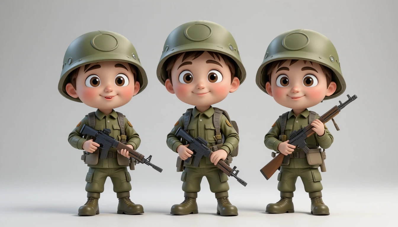 Soldados de desenho animado fofos em uniformes 3D verdes sobre fundo branco