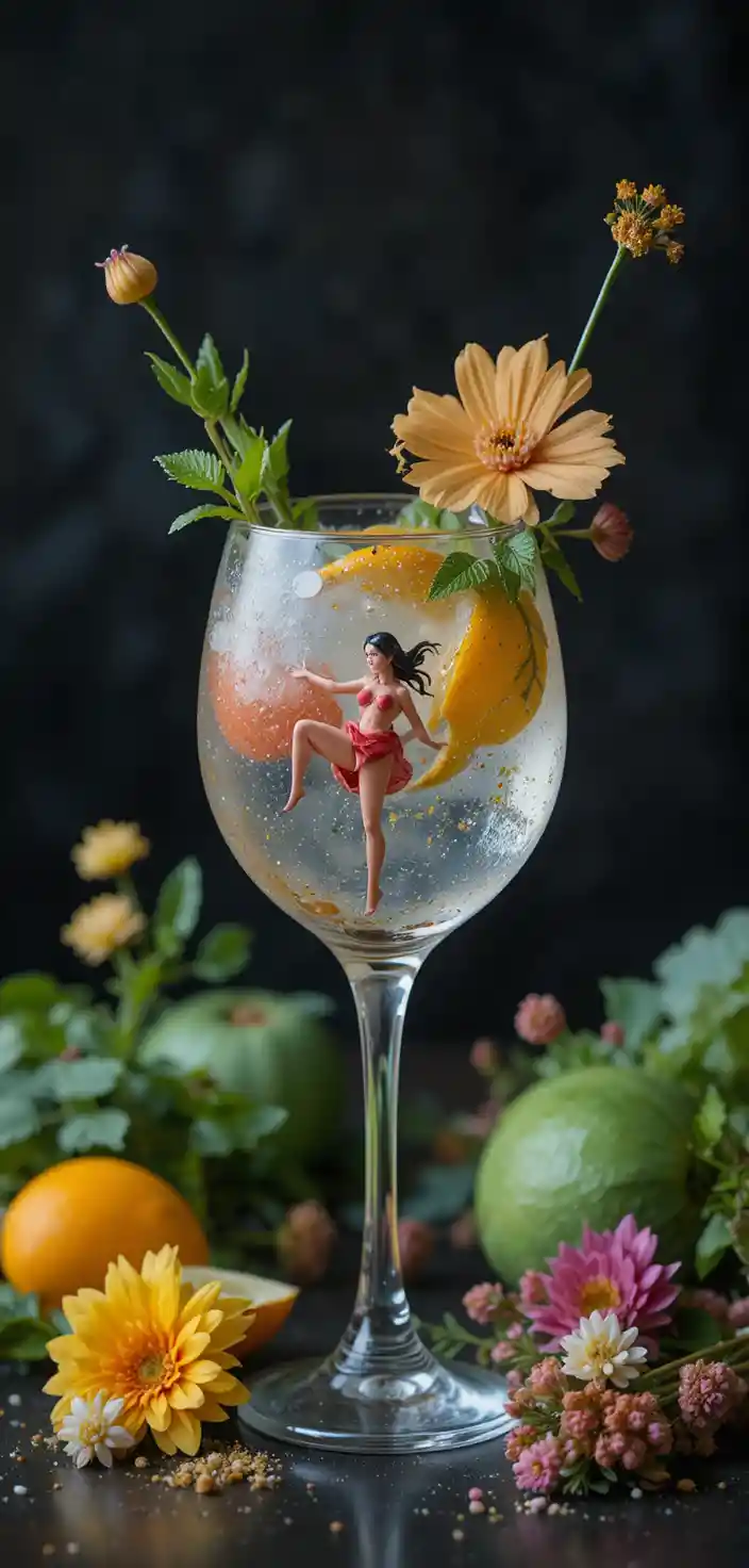 Exotic fruit cocktail with flowers on a dark background