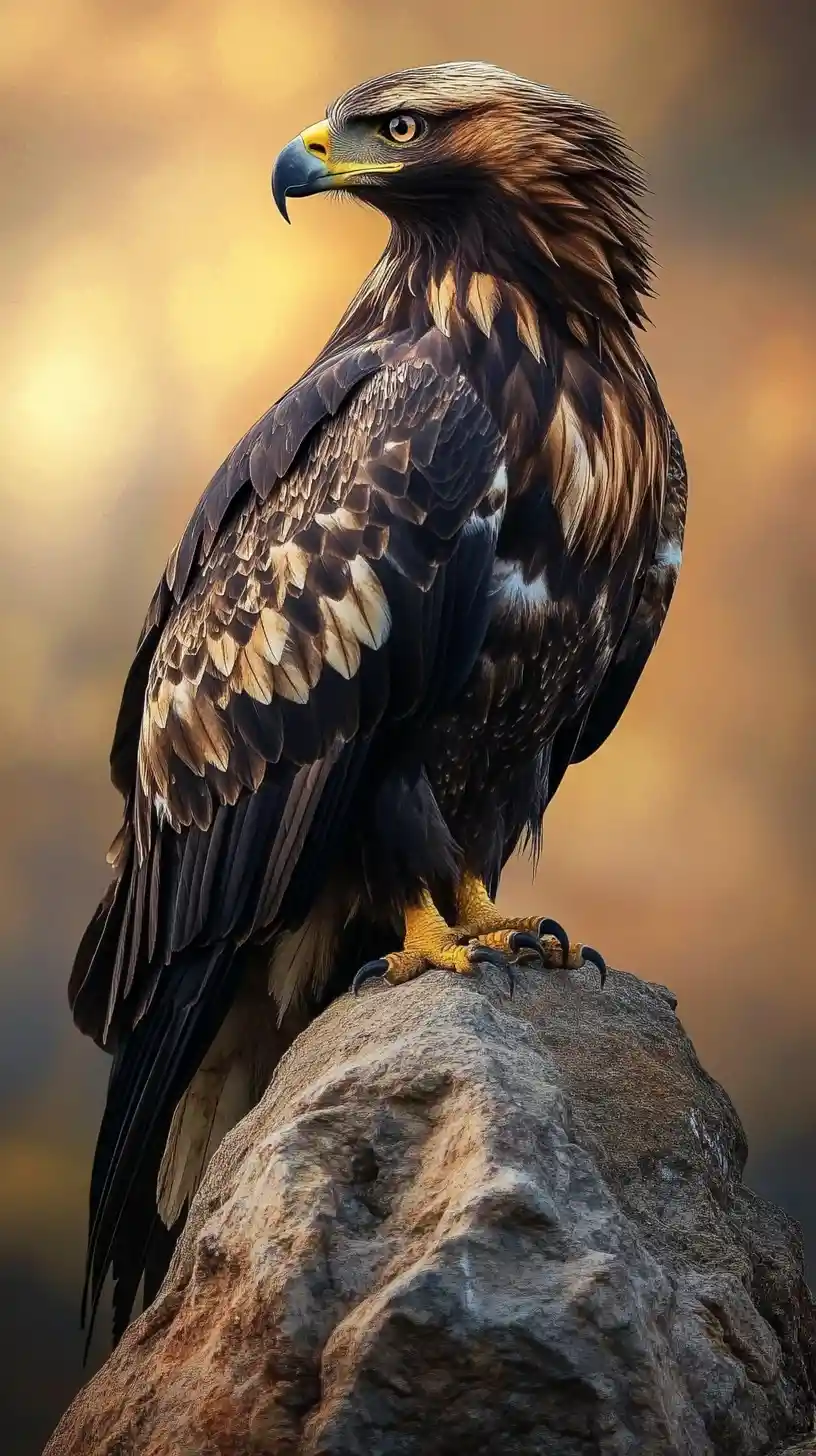 Aquila reale posata su una roccia sotto un cielo cupo