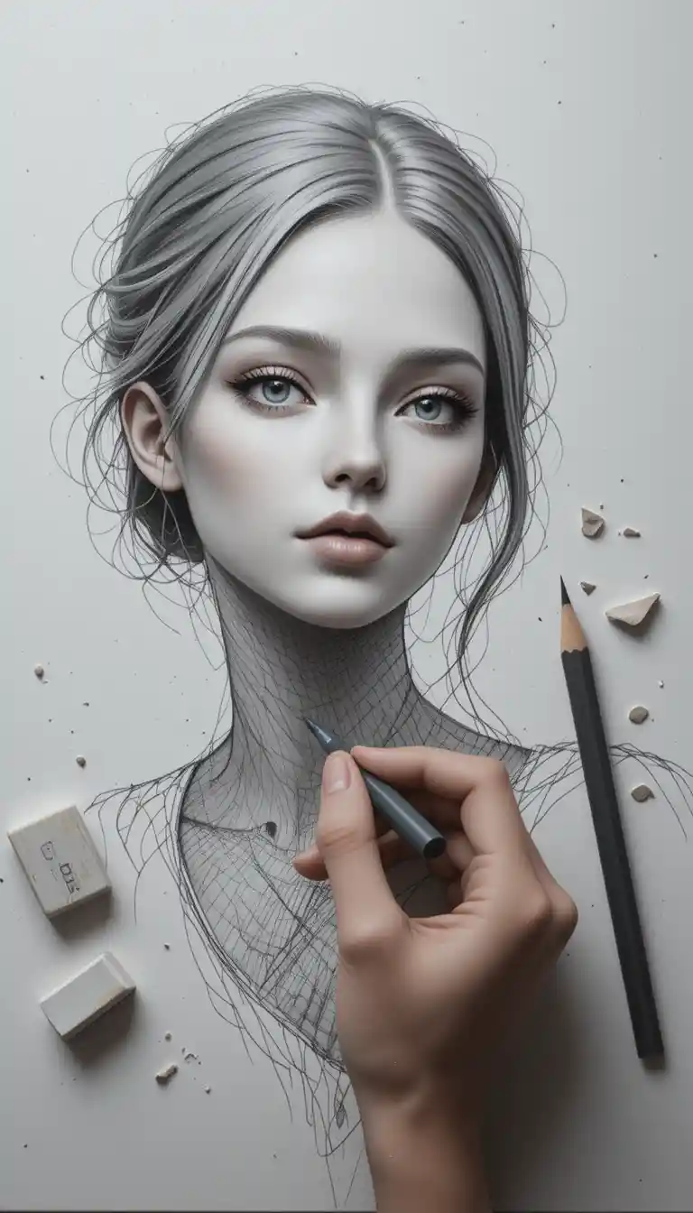 Artiste dessinant sur du papier de carnet texturé avec des outils en graphite