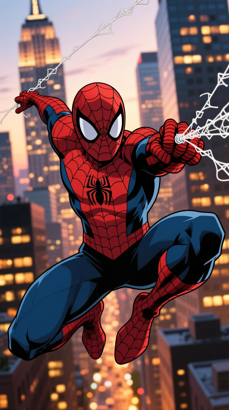 Super-herói em estilo anime balançando dinamicamente sobre arranha‑céus da cidade