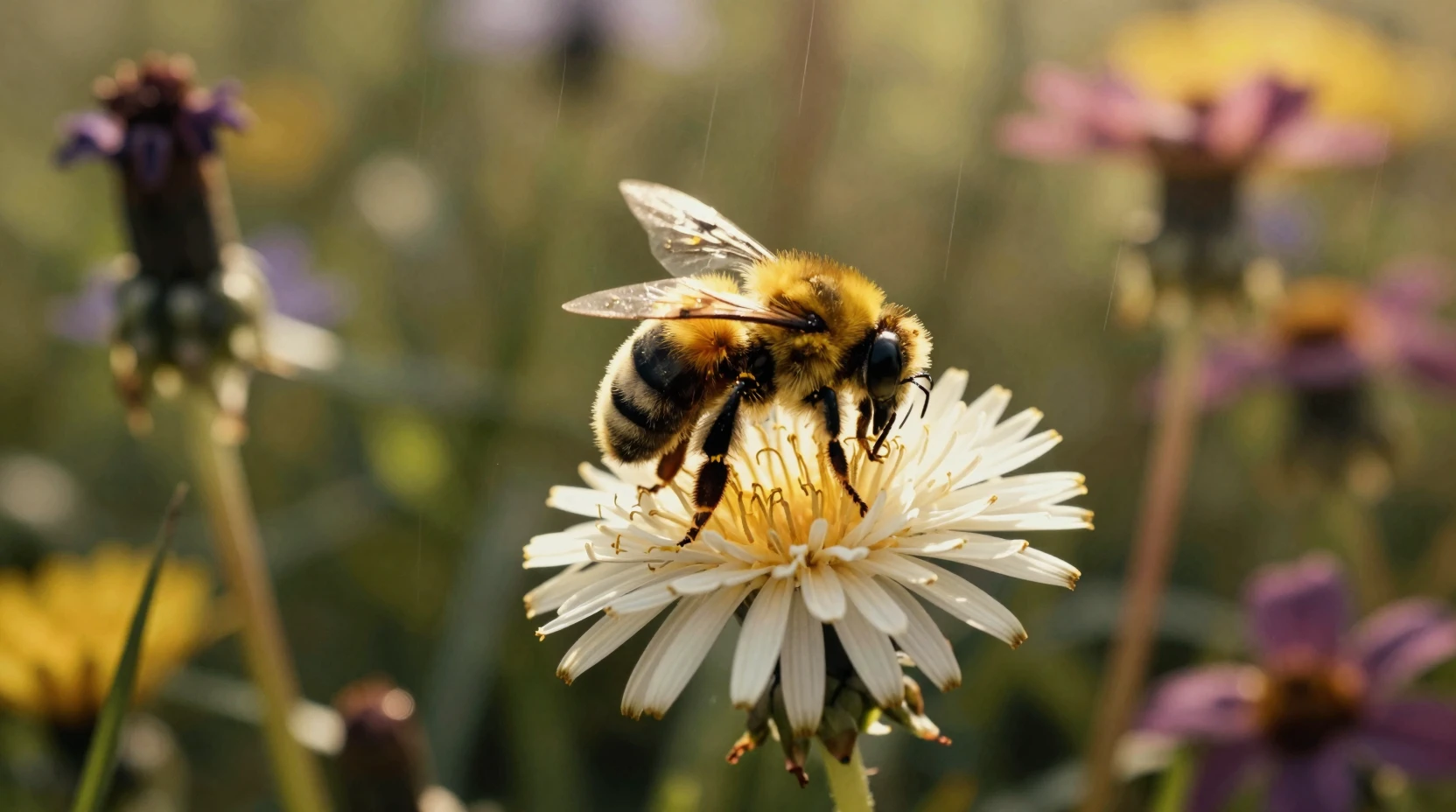 Bumble bee on dandelion in a softly glowing garden