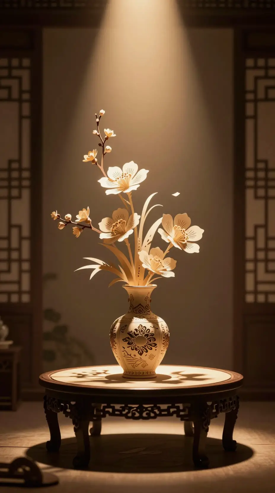 Ikebana flower arrangement under warm spotlight in darkness