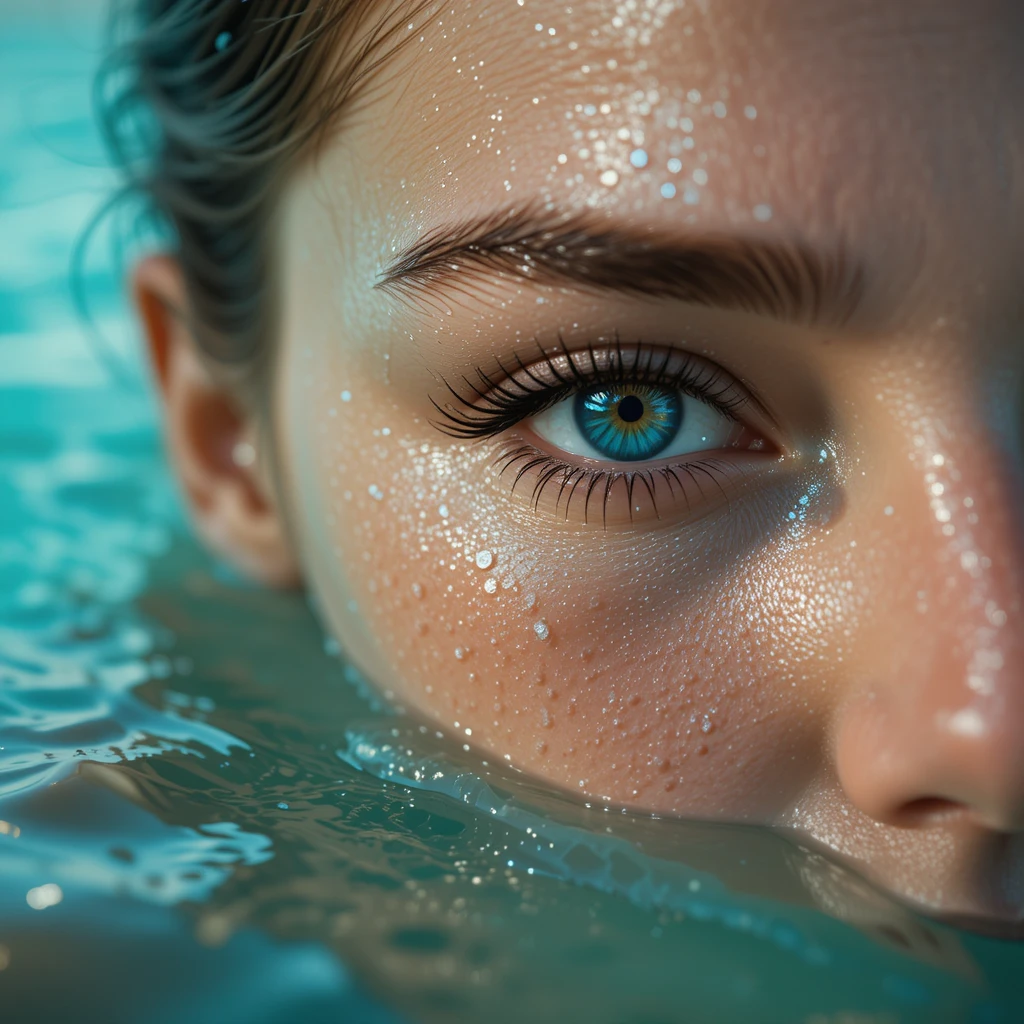 Macro portrait of a woman emerging from turquoise water