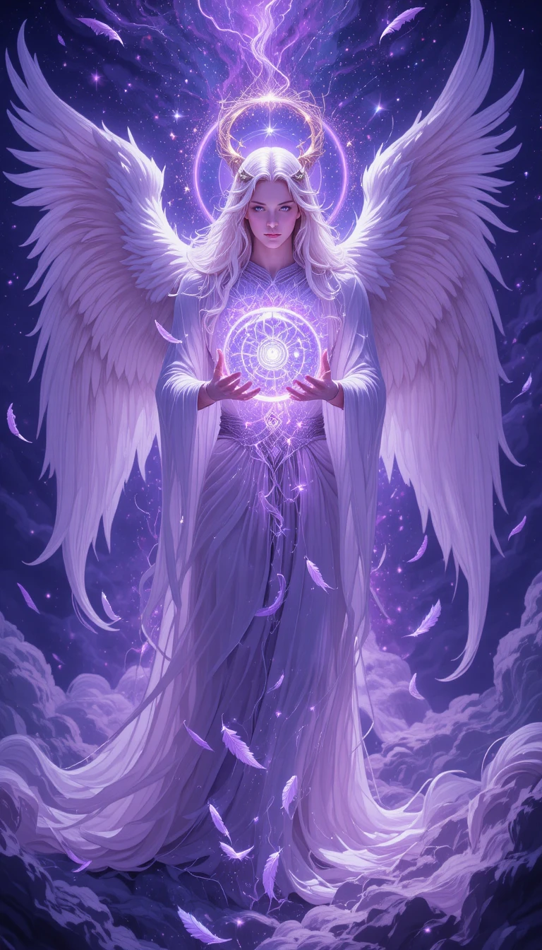 Arcanjo em uma galáxia violeta segurando esfera de luz brilhante