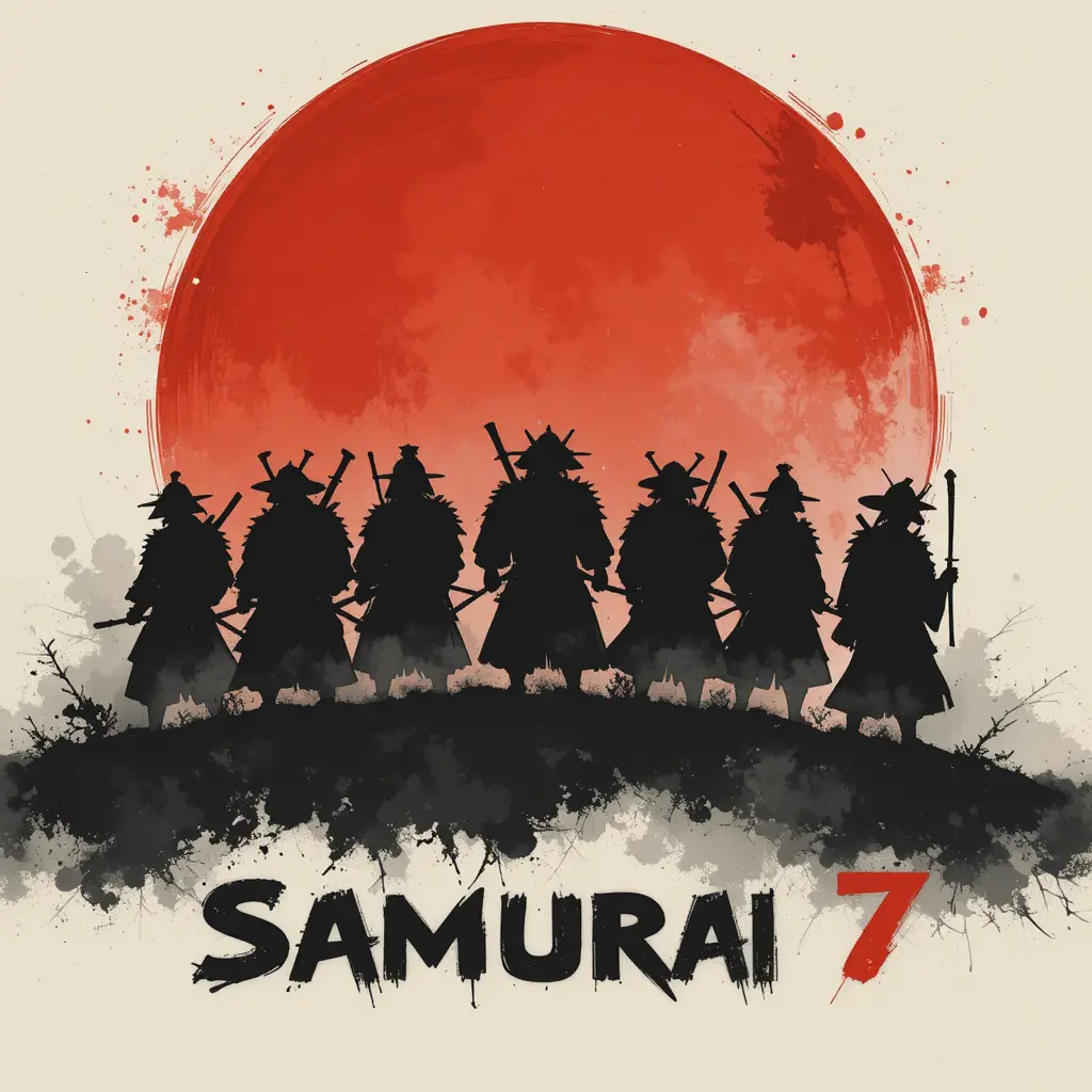 Sieben Samurai-Silhouetten vor einer karmesinroten Sonne als Logo