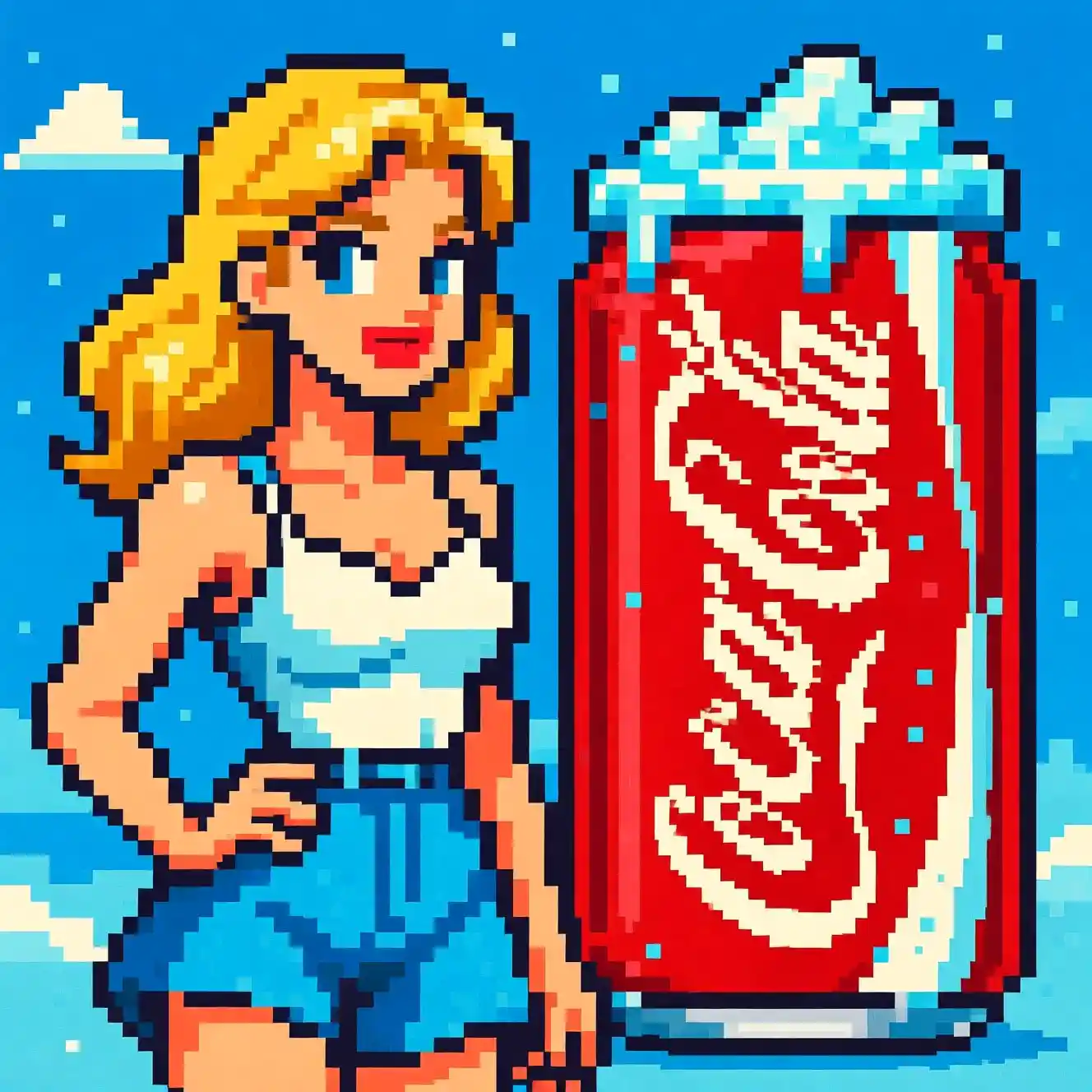 Blonde Woman In Pixel Art By A Giant Icy Soda Can