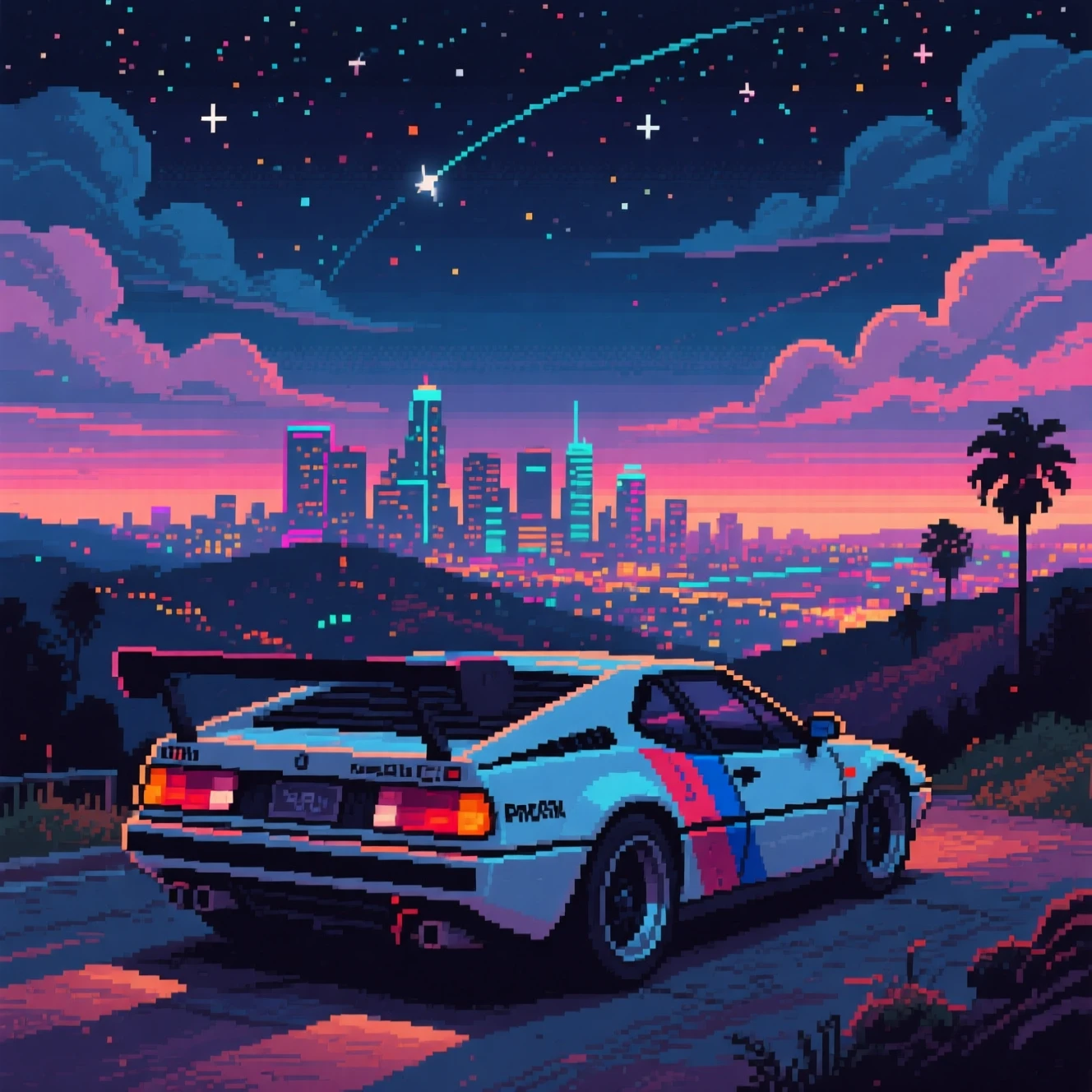 Pixelart-Sportwagen über Los Angeles bei Nacht