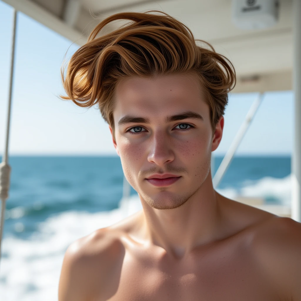Red haired young man flipping his hair on a boat