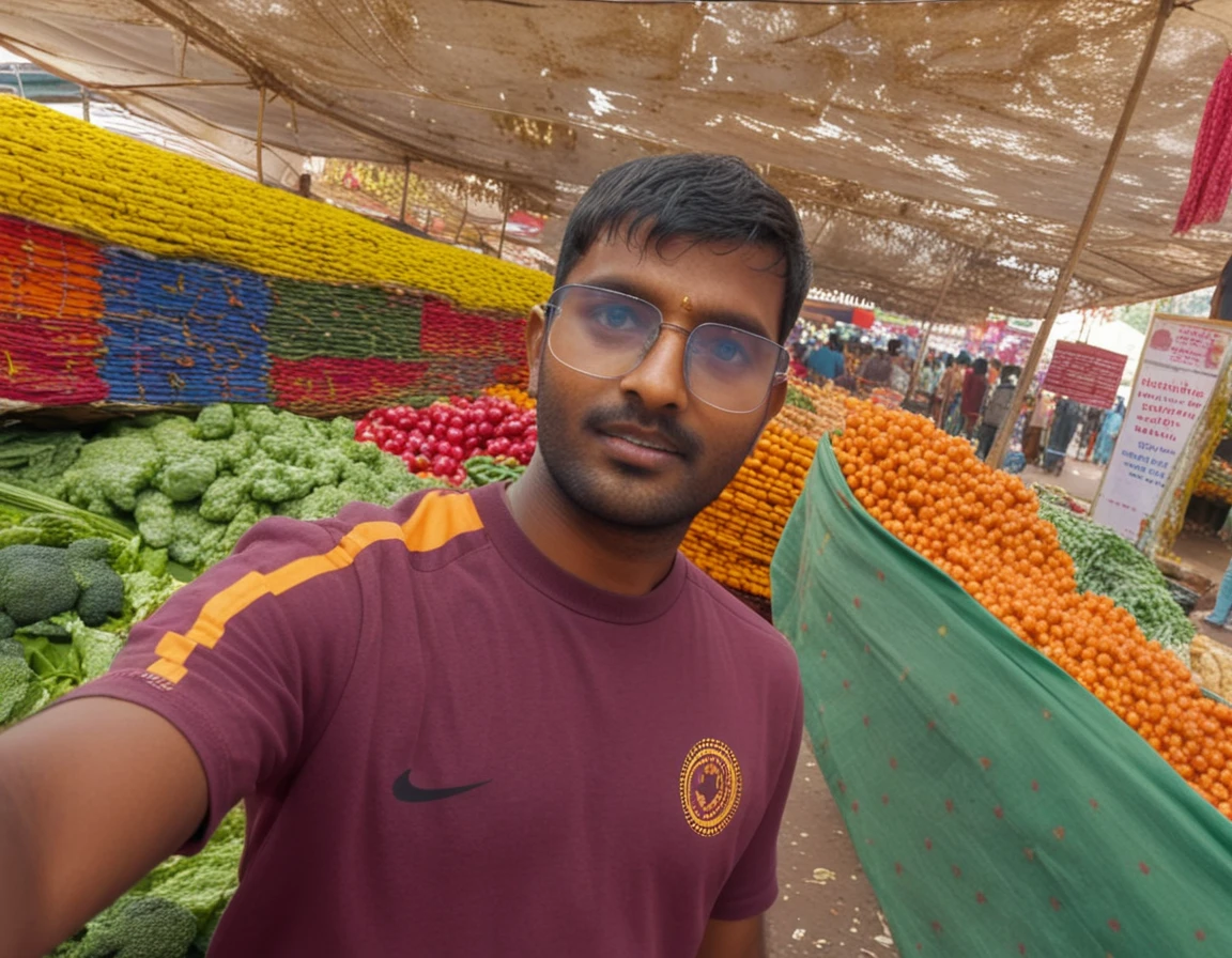 Young man vlogging through a crowded Indian street market