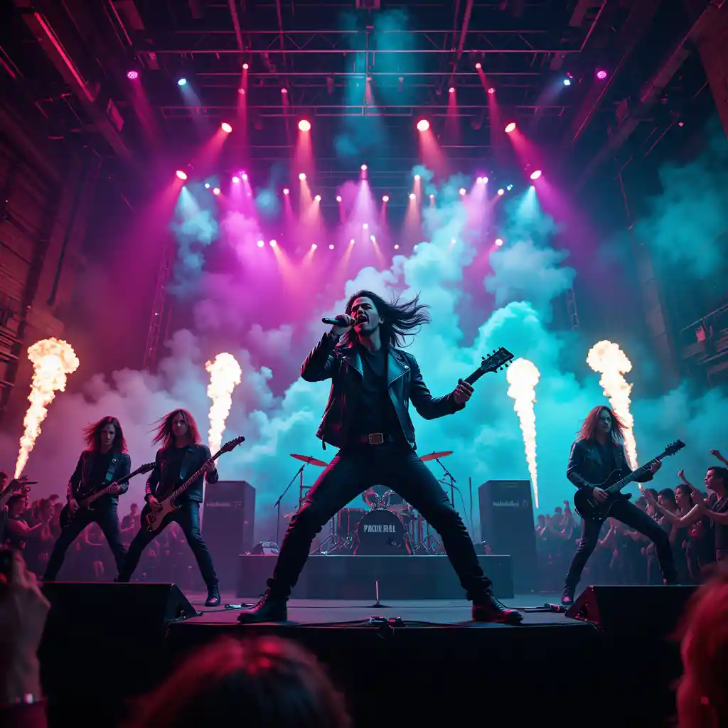 Metal band performing on stage with dramatic lights