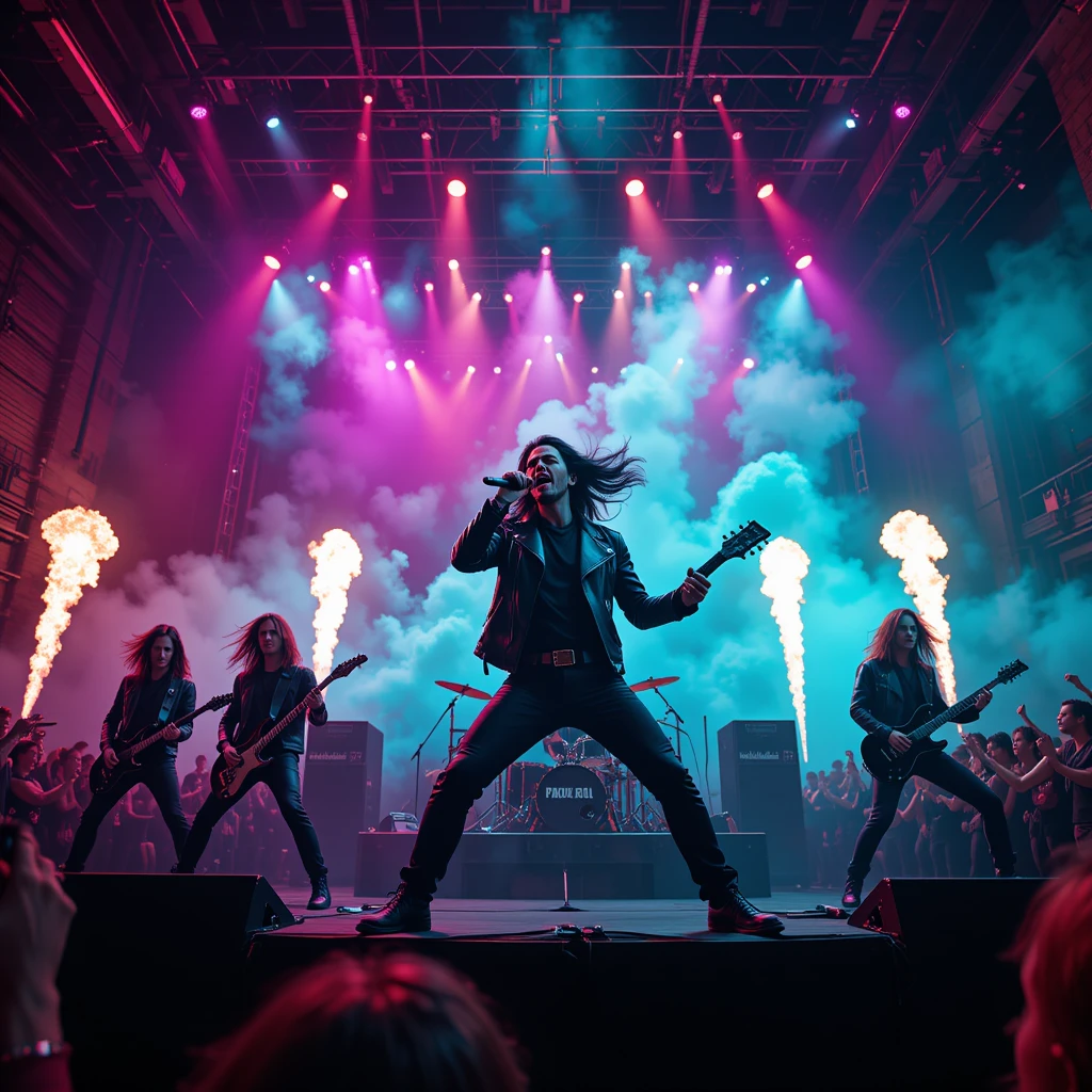Band metal che si esibisce sul palco con luci drammatiche