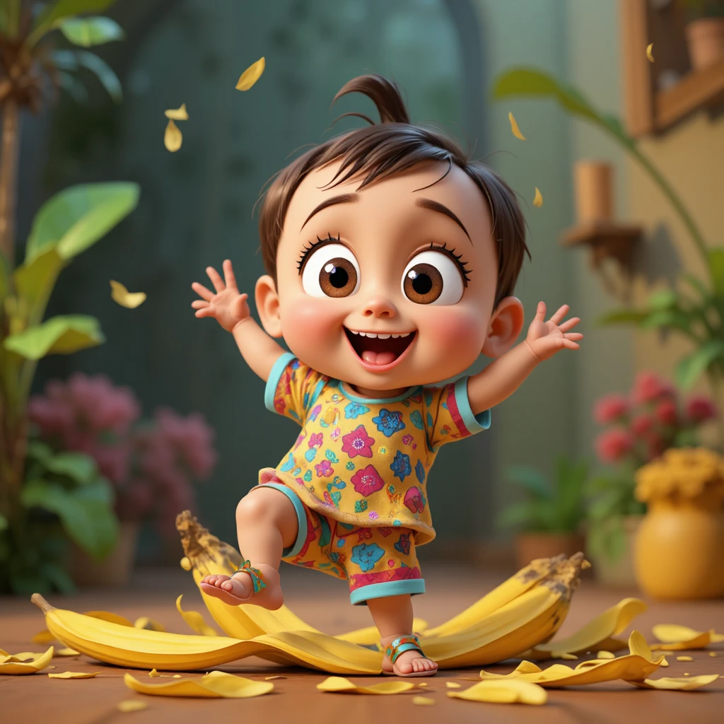 Criança fofa de desenho animado escorregando em uma casca de banana