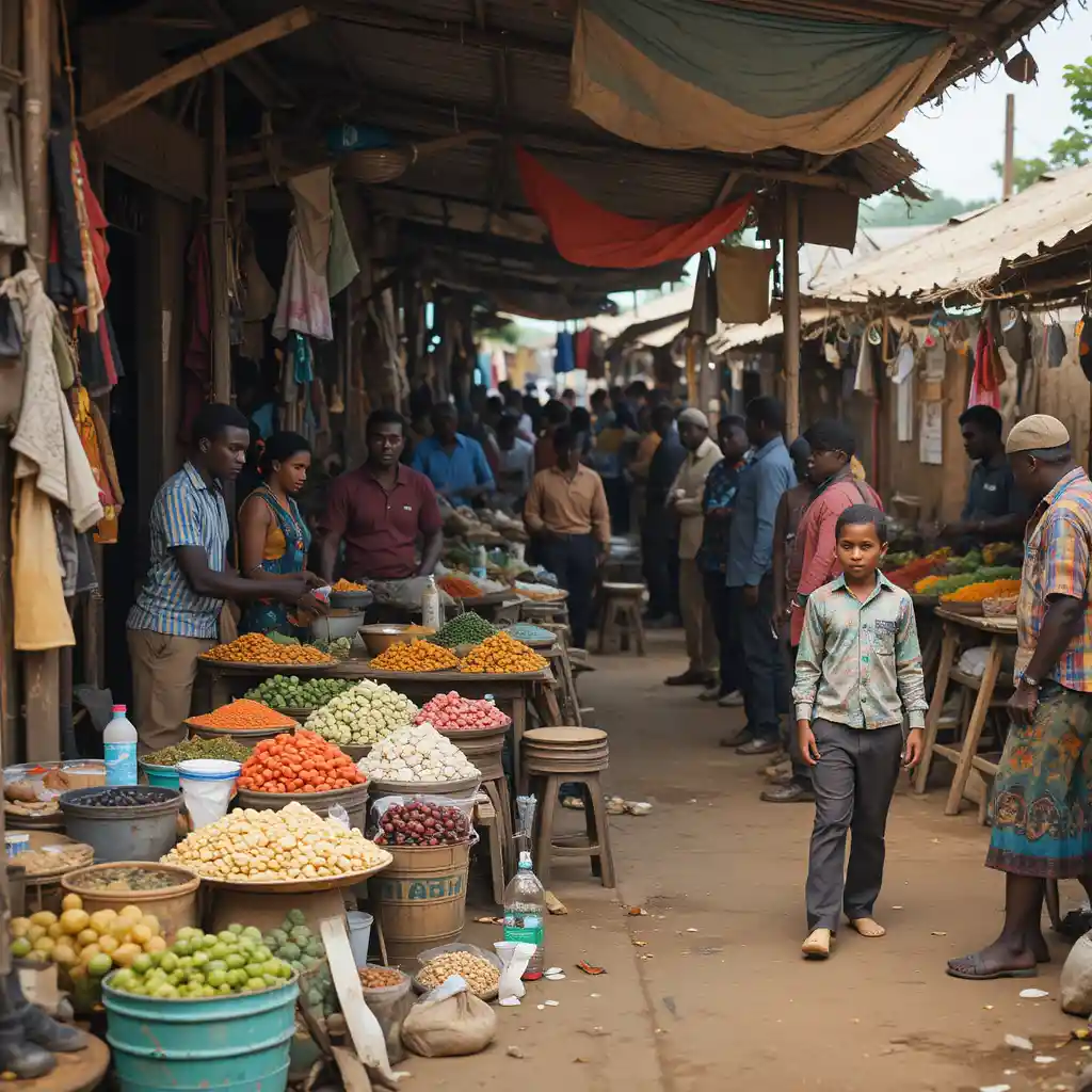 Mercado africano ao ar livre movimentado com pessoas negociando mercadorias