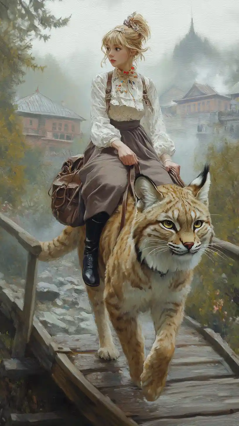 女孩騎著猞猁穿越迷霧橋景